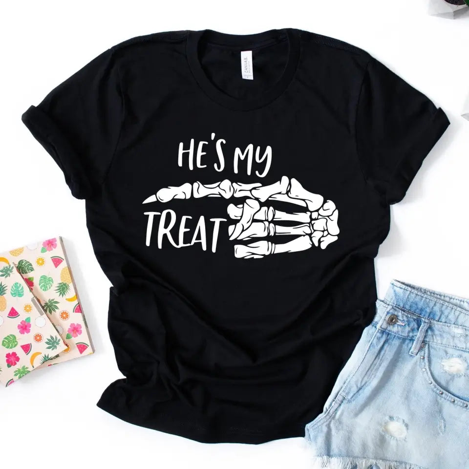 My Trick and My Treat Halloween Couples Tee featuring a playful design, perfect for couples celebrating Halloween together.