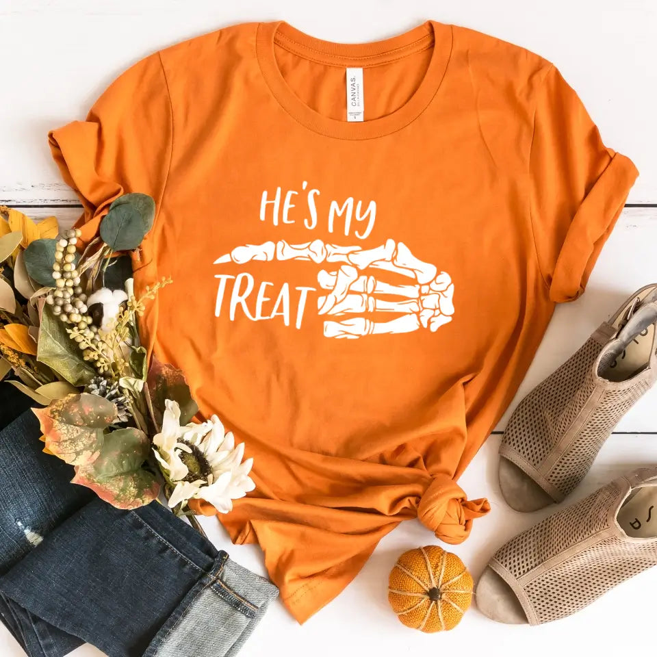 My Trick and My Treat Halloween Couples Tee featuring a playful design, perfect for couples celebrating Halloween together.