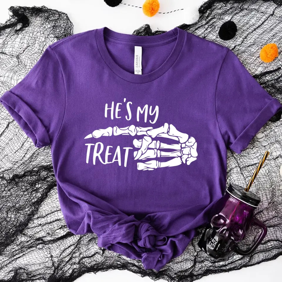 My Trick and My Treat Halloween Couples Tee featuring a playful design, perfect for couples celebrating Halloween together.