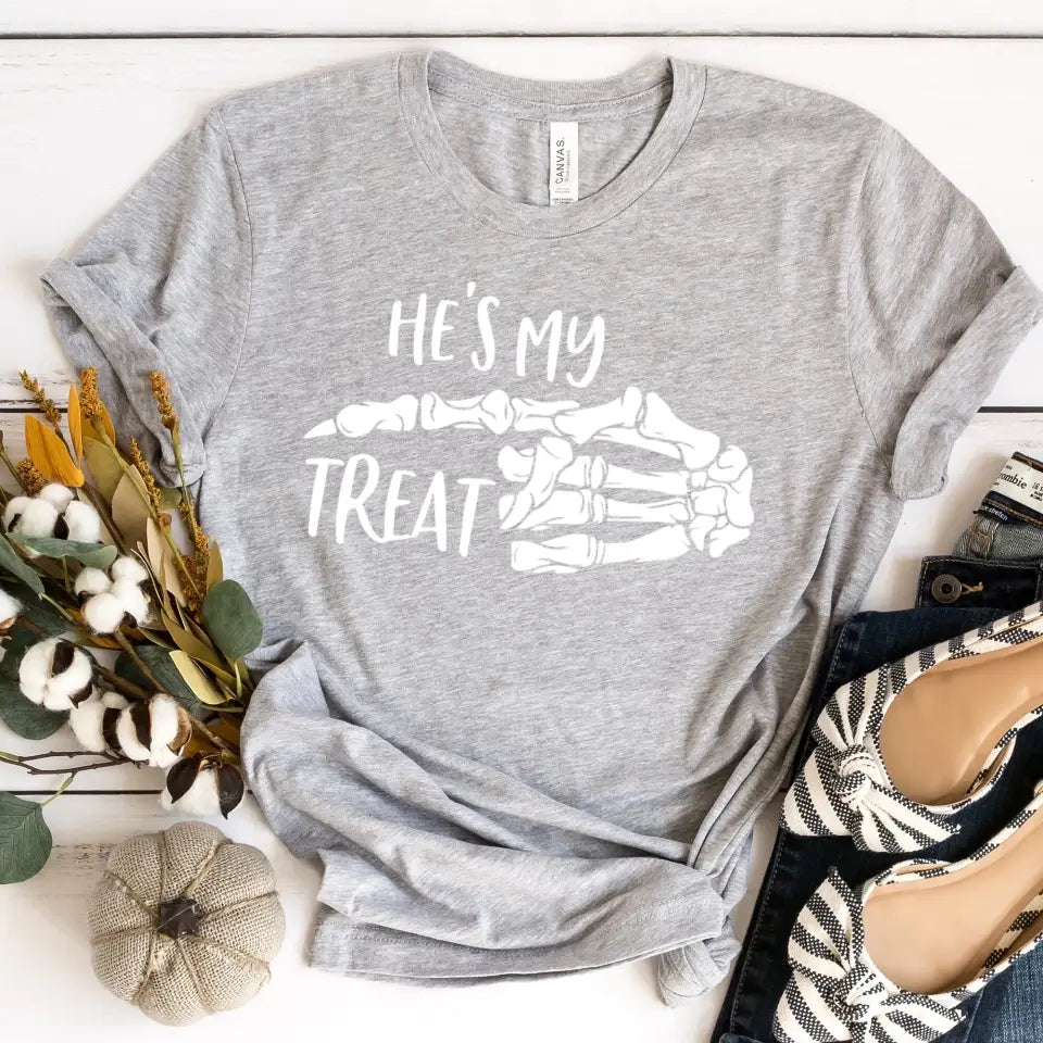 My Trick and My Treat Halloween Couples Tee featuring a playful design, perfect for couples celebrating Halloween together.