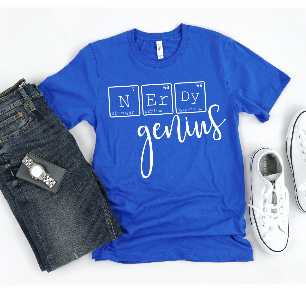 Nerdy Genius T-shirt displayed on a mannequin, showcasing its unisex design and soft fabric.