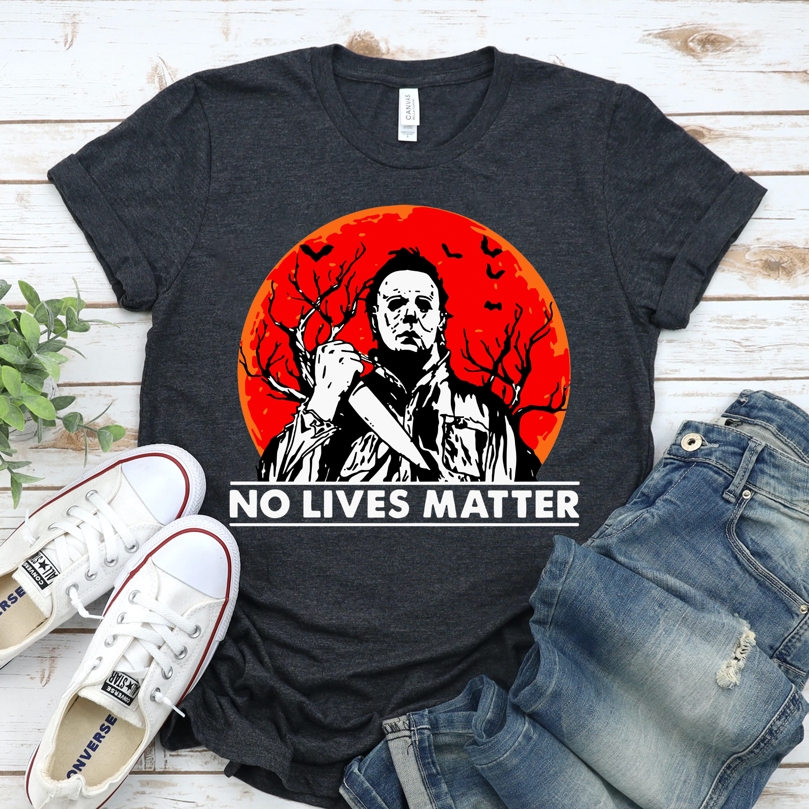 No Lives Matter Halloween T-shirt made of premium ring spun cotton with a bold design, available in various sizes.