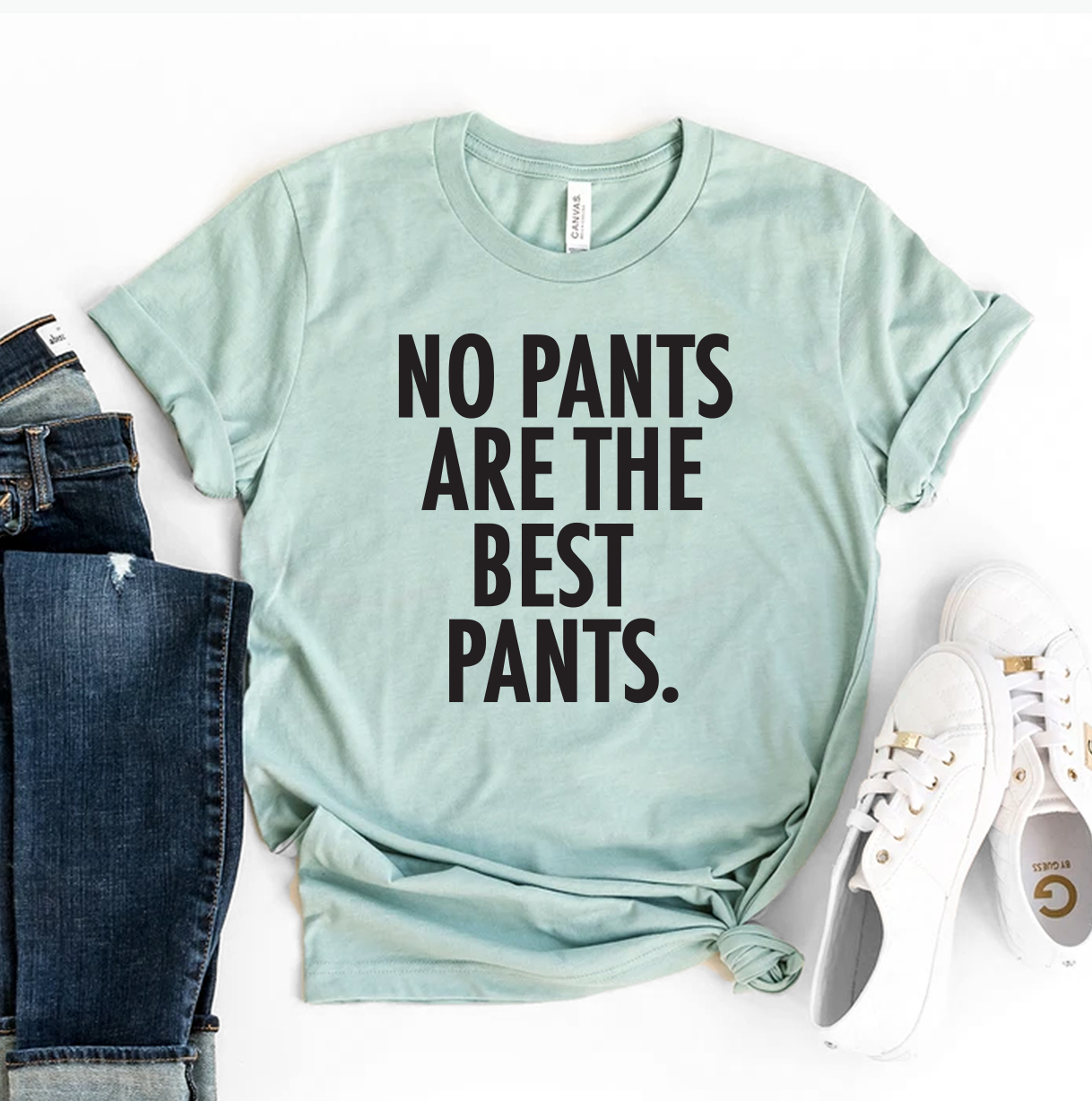 No Pants Are The Best Pants T-shirt made from premium ring spun cotton, featuring a humorous design and available in various sizes.