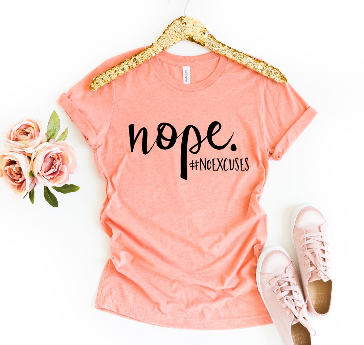 Nope No Excuses T-shirt in various sizes, showcasing premium ring spun cotton and high-quality flex print design.