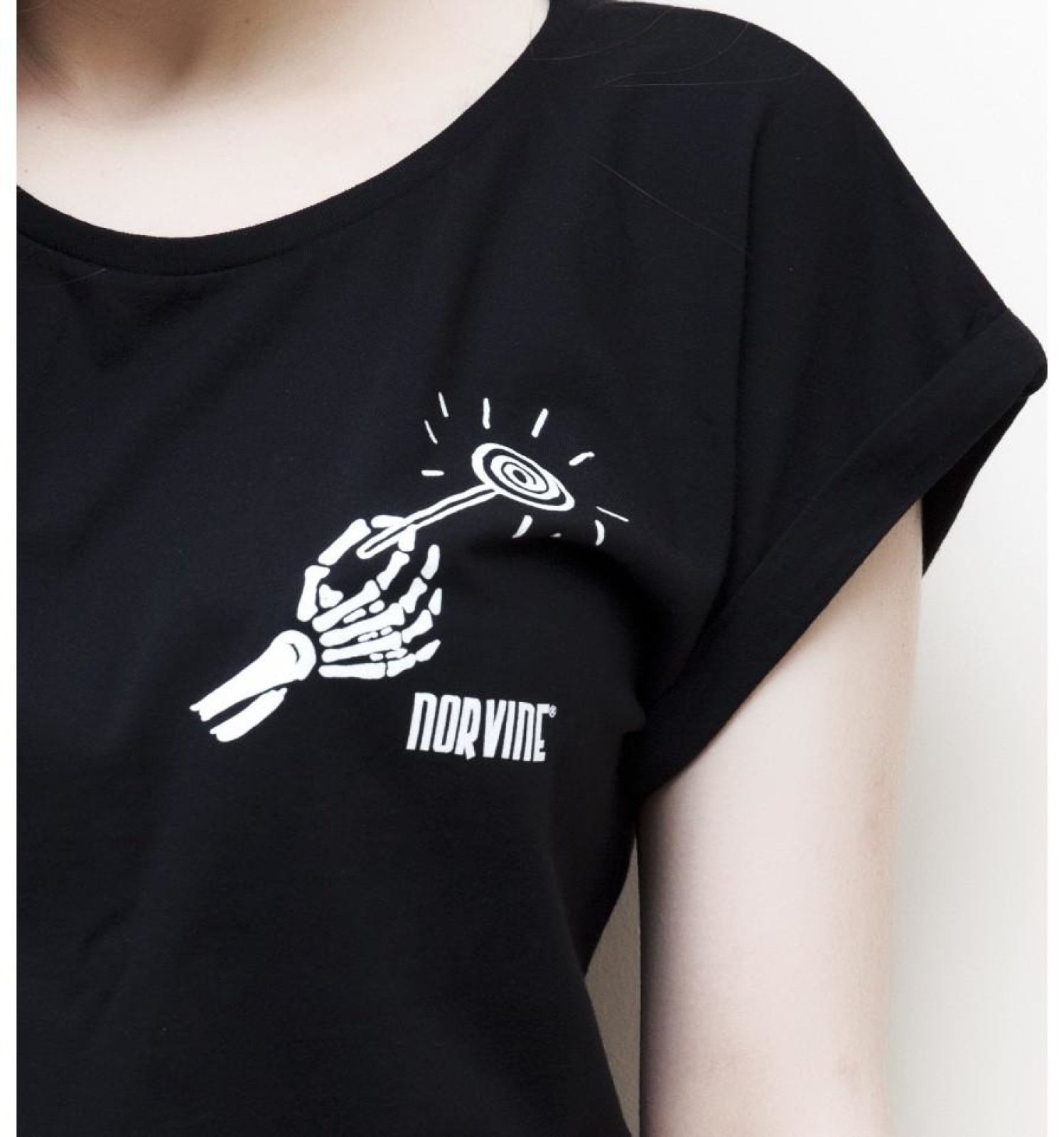 Norvine Candy Women's Rolled Sleeve Tunic Tee in black, featuring a crew neck and rolled sleeves, made from 100% combed cotton.