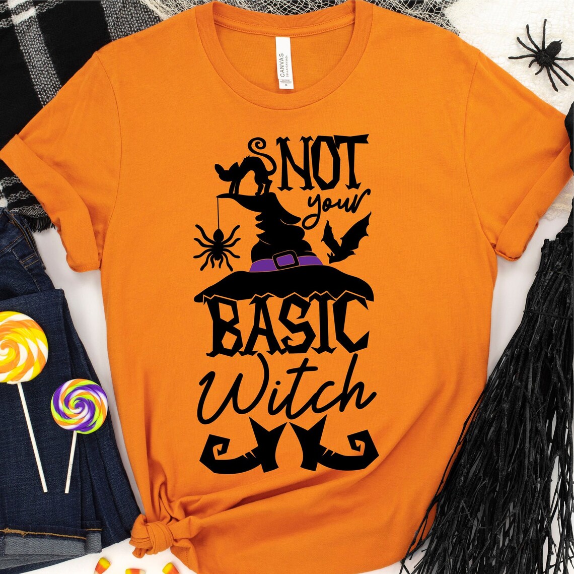 Not Your Basic Witch Halloween T-shirt featuring a stylish design on premium cotton fabric, perfect for Halloween celebrations.