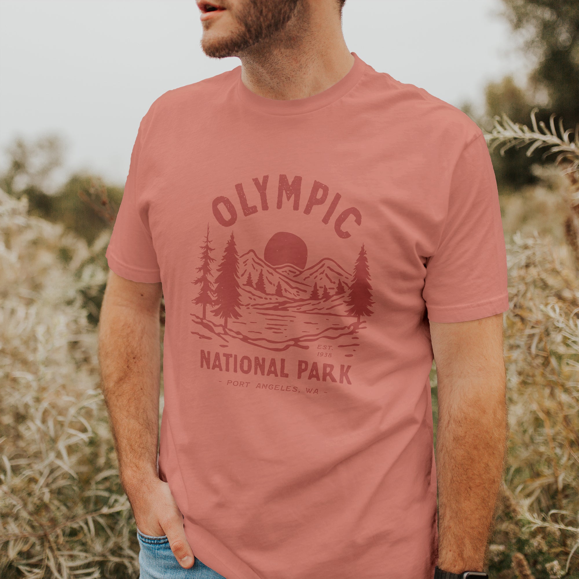 A soft, relaxed fit short sleeve t-shirt featuring a distressed design inspired by Olympic National Park, made from 100% combed cotton.