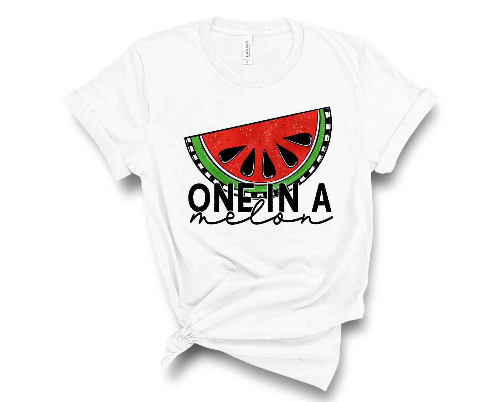 A vibrant unisex graphic tee featuring the phrase 'One in a Melon' in bold typography, perfect for casual wear.