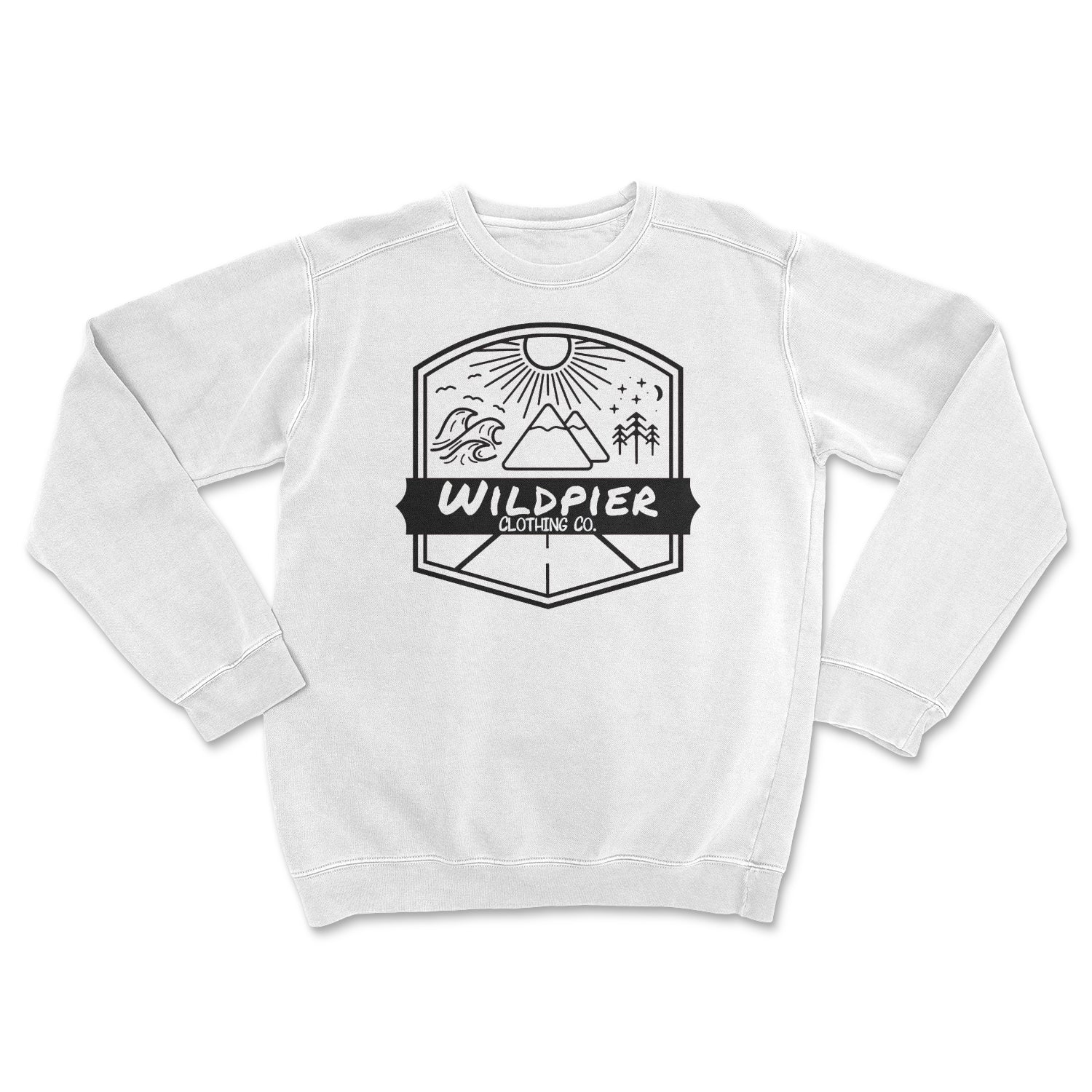 Original Crew Neck White shirt featuring a clean design symbolizing outdoor adventures with sun, waves, mountains, and trees.