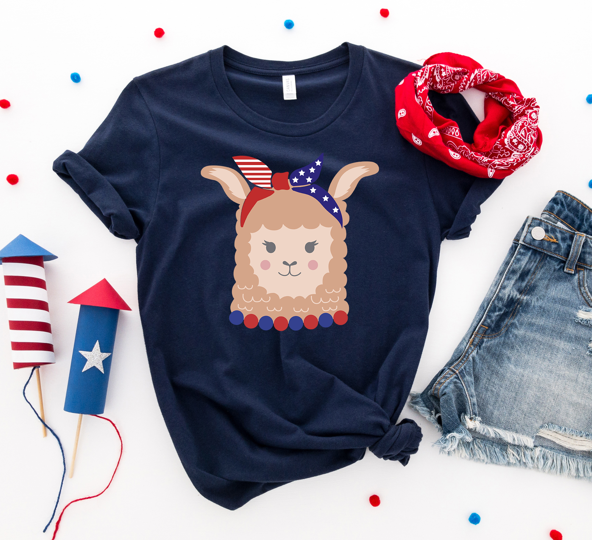 A stylish Patriotic Llama Girl T-shirt featuring a colorful llama design, perfect for Independence Day celebrations.