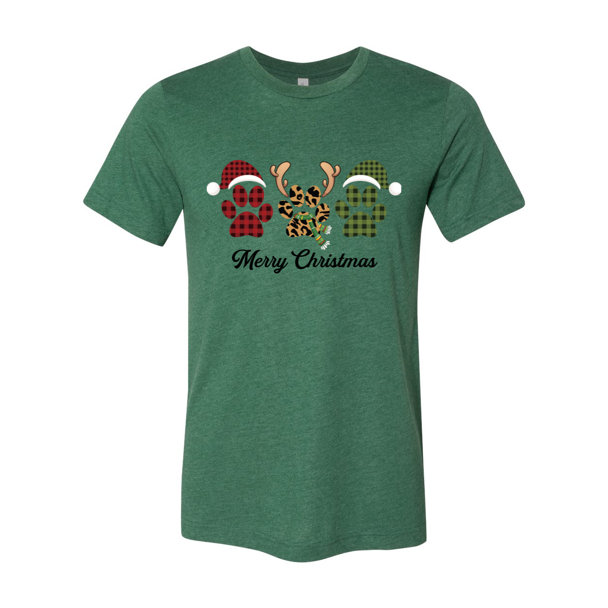 A festive Paw Merry Christmas Shirt featuring a playful design, crafted from soft ring spun cotton, available in multiple colors.