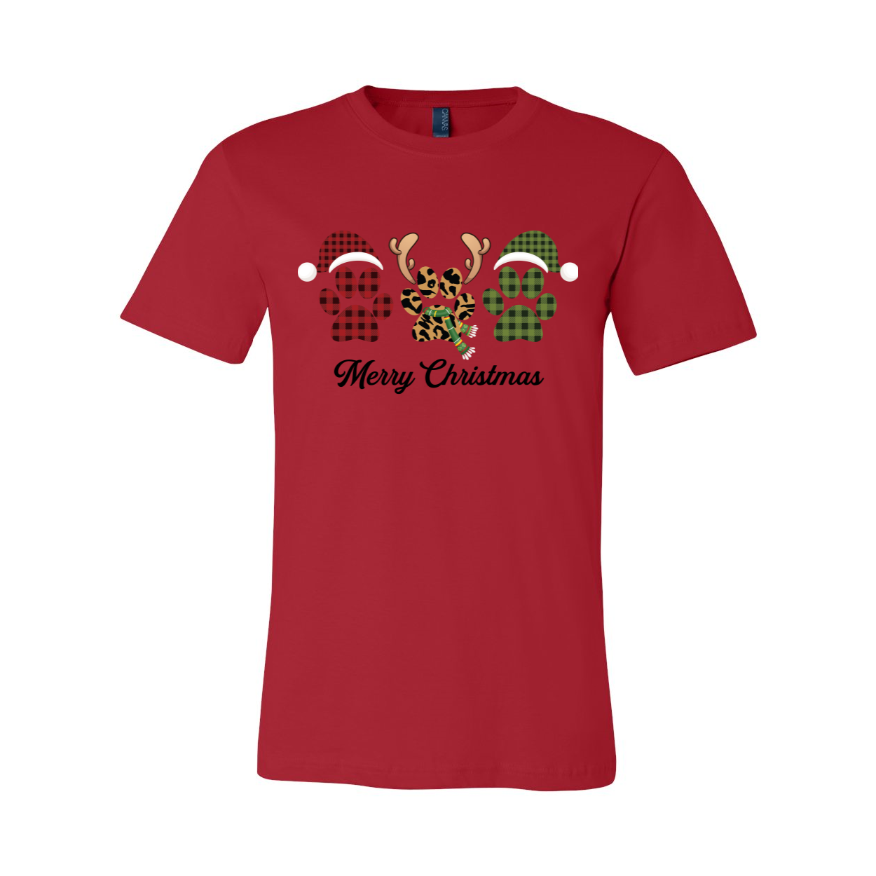 A festive Paw Merry Christmas Shirt featuring a playful design, crafted from soft ring spun cotton, available in multiple colors.