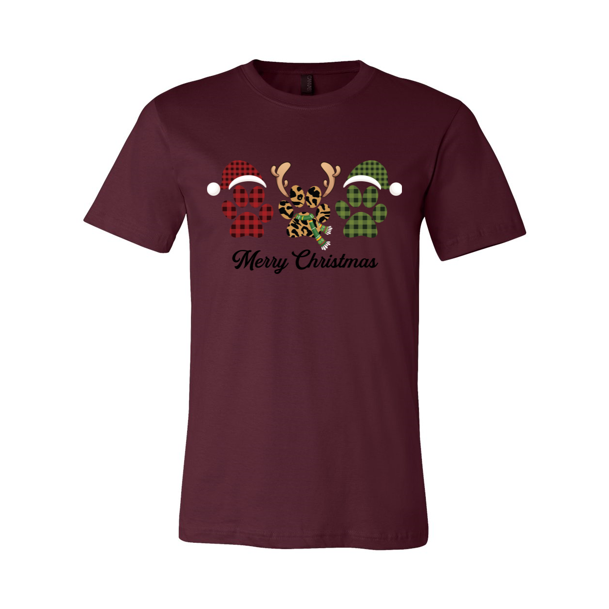 A festive Paw Merry Christmas Shirt featuring a playful design, crafted from soft ring spun cotton, available in multiple colors.
