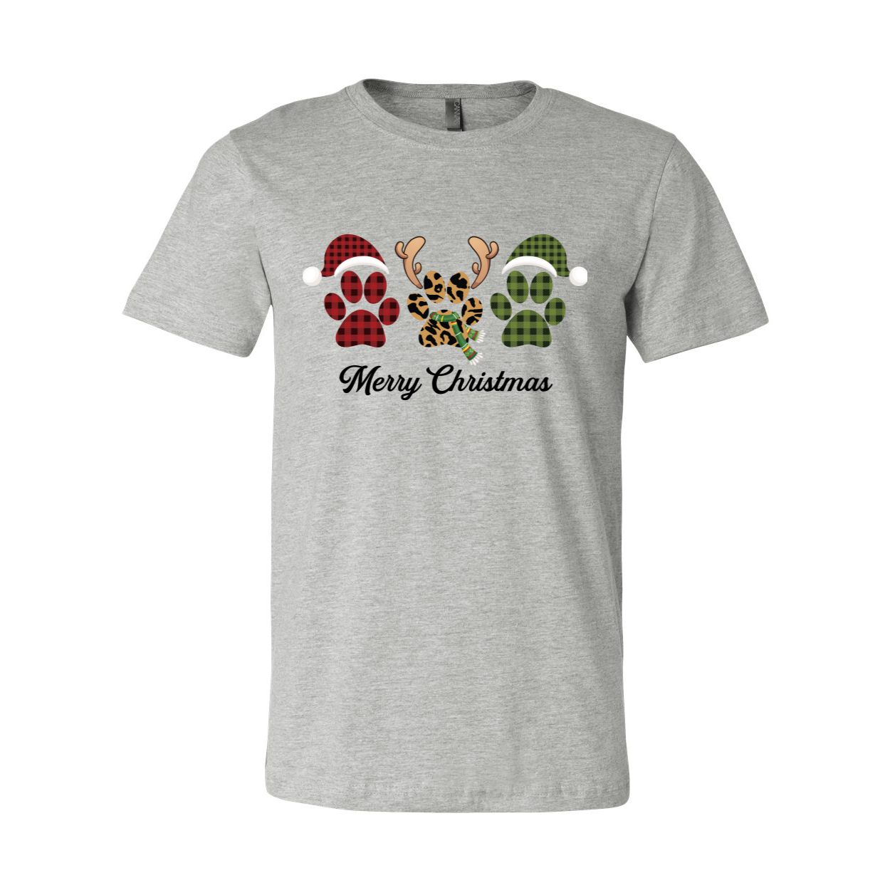 A festive Paw Merry Christmas Shirt featuring a playful design, crafted from soft ring spun cotton, available in multiple colors.