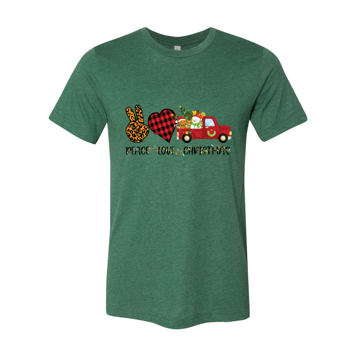 A unisex Peace Love Christmas Shirt in various colors, showcasing its soft fabric and festive design, perfect for holiday celebrations.