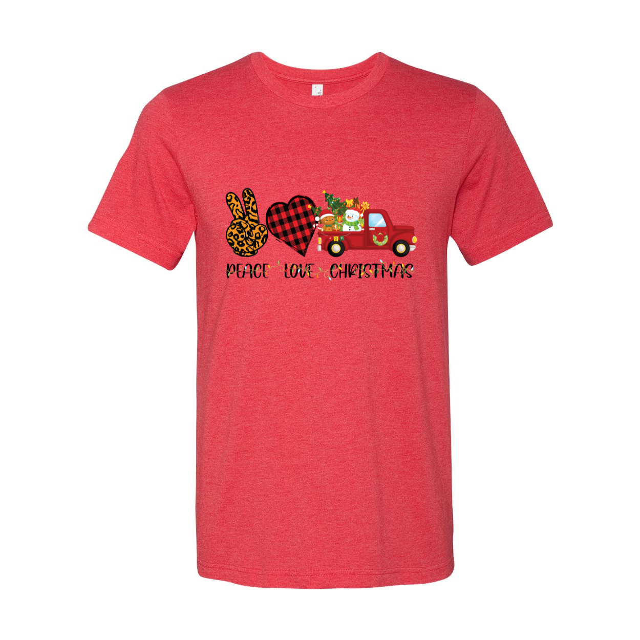 A unisex Peace Love Christmas Shirt in various colors, showcasing its soft fabric and festive design, perfect for holiday celebrations.