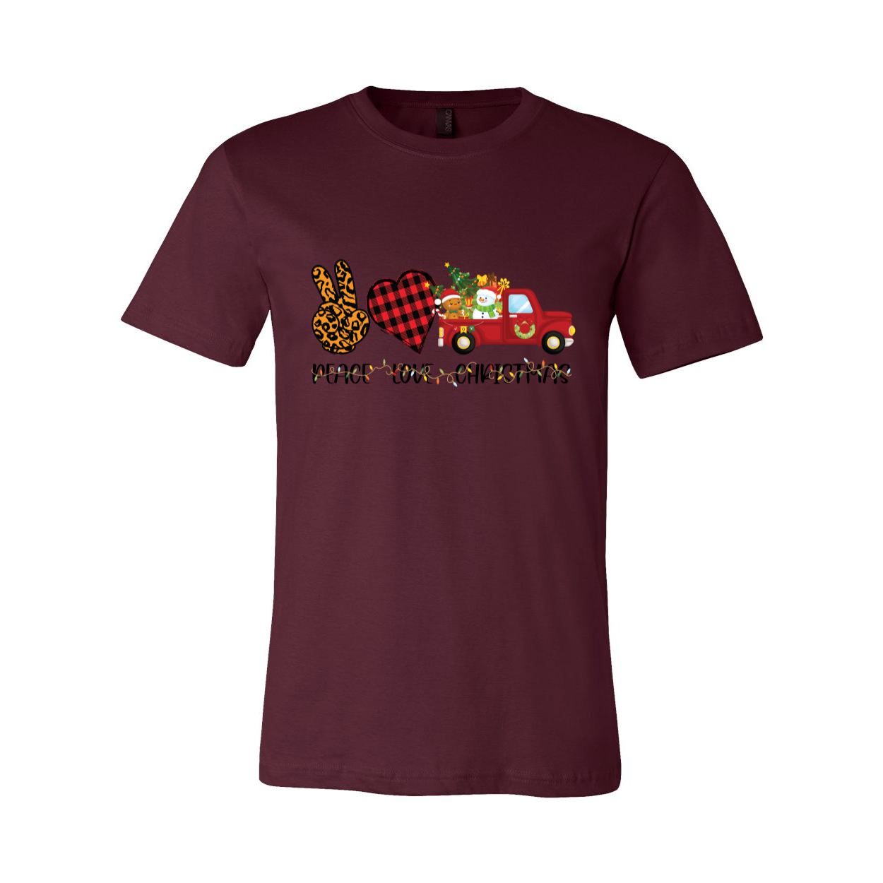 A unisex Peace Love Christmas Shirt in various colors, showcasing its soft fabric and festive design, perfect for holiday celebrations.
