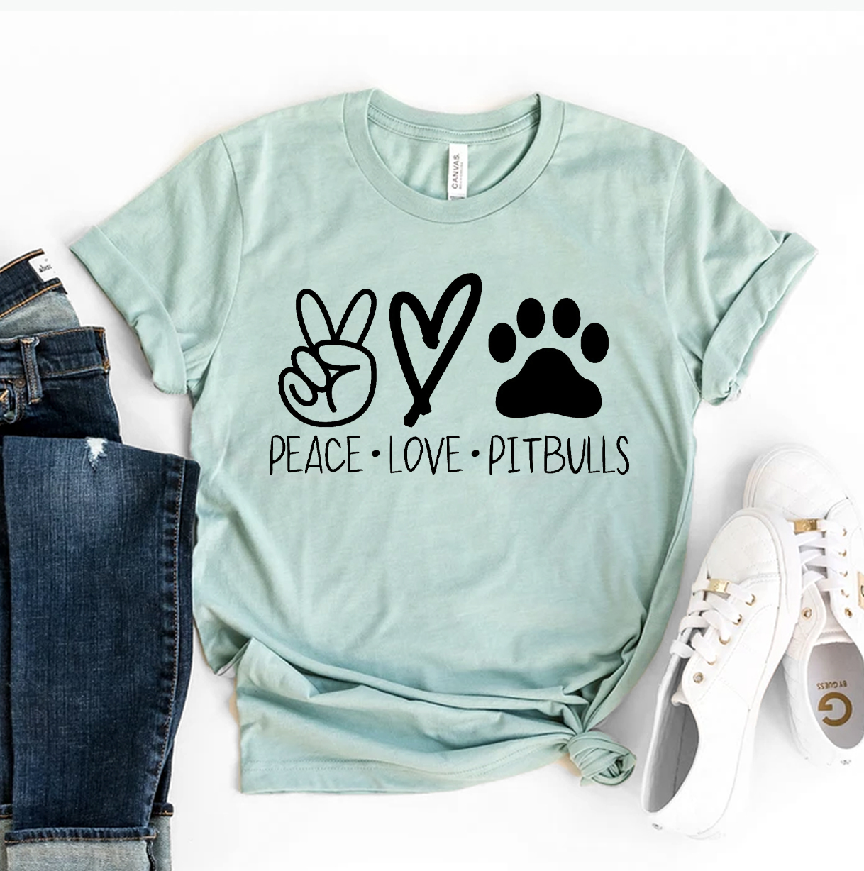 Peace Love Pitbulls T-shirt made of premium ring spun cotton, featuring a vibrant flex print design, available in various sizes.
