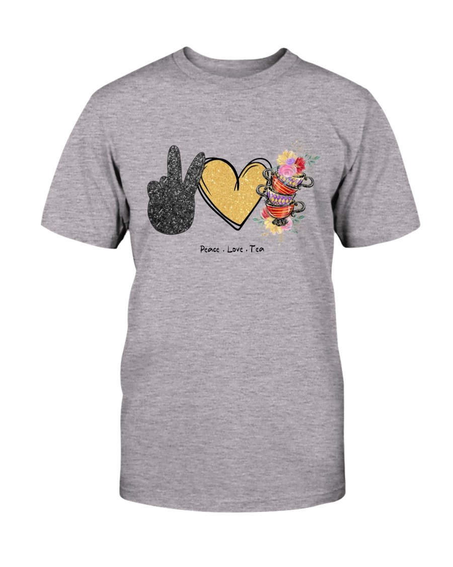 A comfortable unisex Peace Love Tea Shirt made from ring spun cotton, featuring a stylish design and available in various colors.