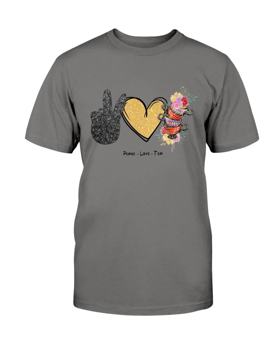 A comfortable unisex Peace Love Tea Shirt made from ring spun cotton, featuring a stylish design and available in various colors.