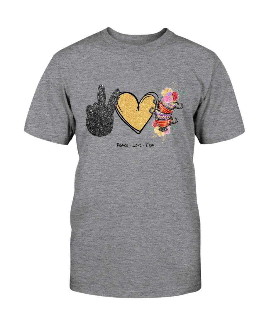 A comfortable unisex Peace Love Tea Shirt made from ring spun cotton, featuring a stylish design and available in various colors.
