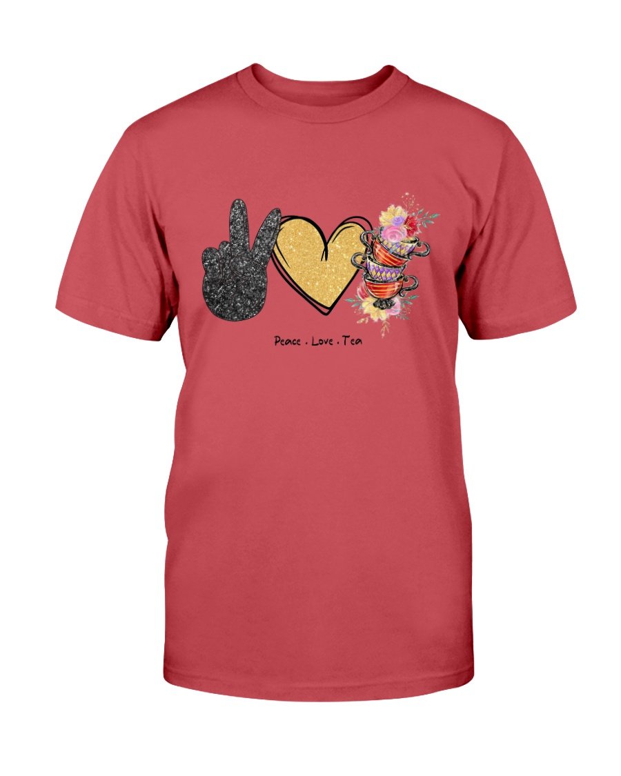 A comfortable unisex Peace Love Tea Shirt made from ring spun cotton, featuring a stylish design and available in various colors.