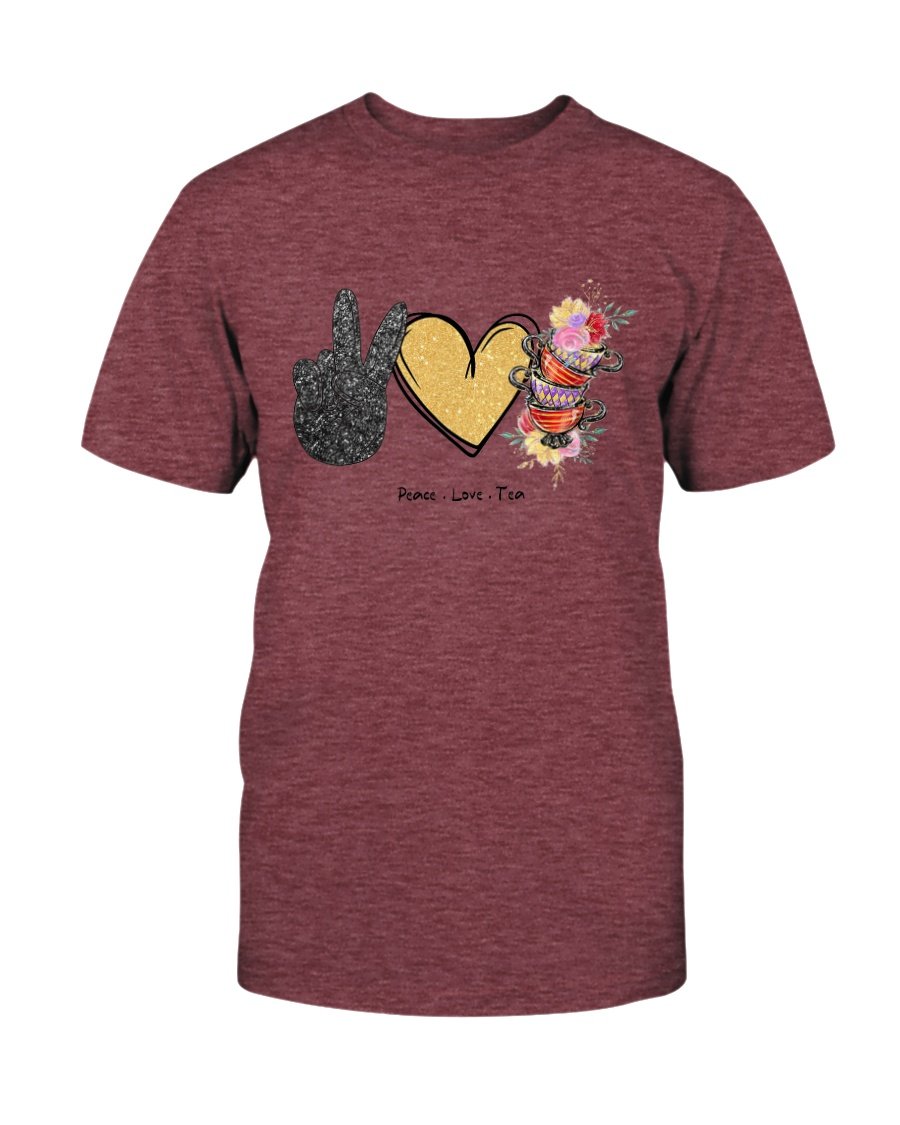 A comfortable unisex Peace Love Tea Shirt made from ring spun cotton, featuring a stylish design and available in various colors.
