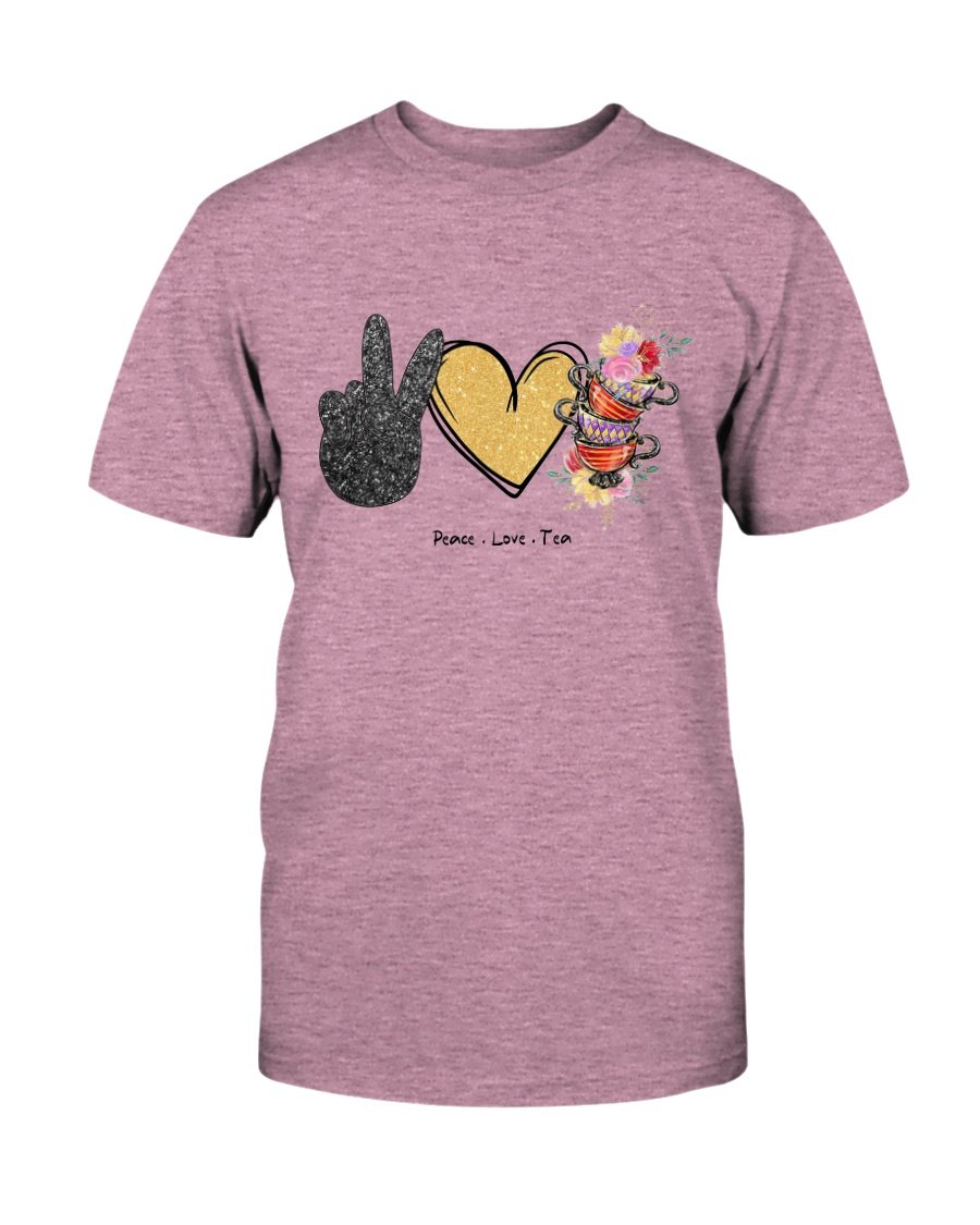 A comfortable unisex Peace Love Tea Shirt made from ring spun cotton, featuring a stylish design and available in various colors.
