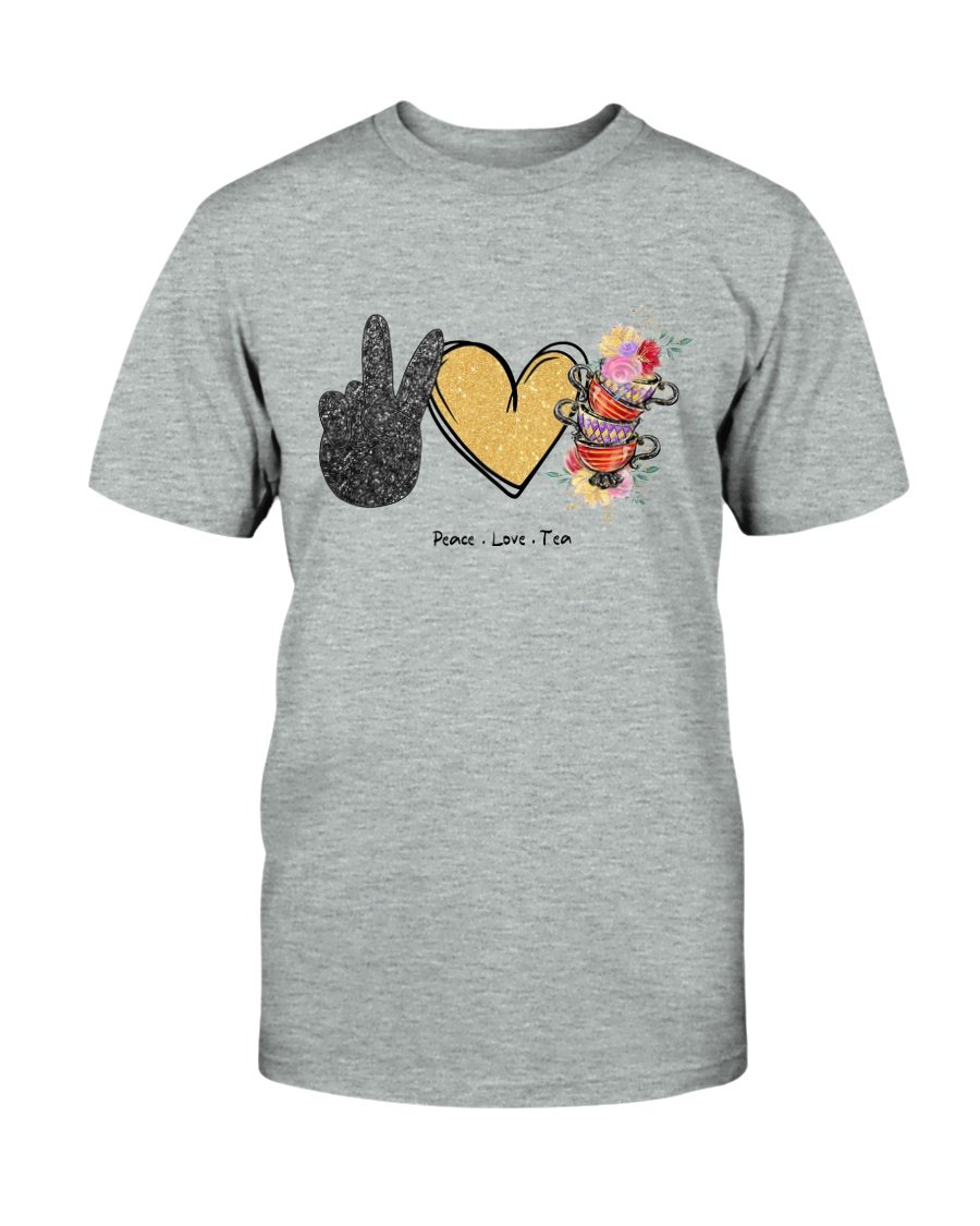 A comfortable unisex Peace Love Tea Shirt made from ring spun cotton, featuring a stylish design and available in various colors.