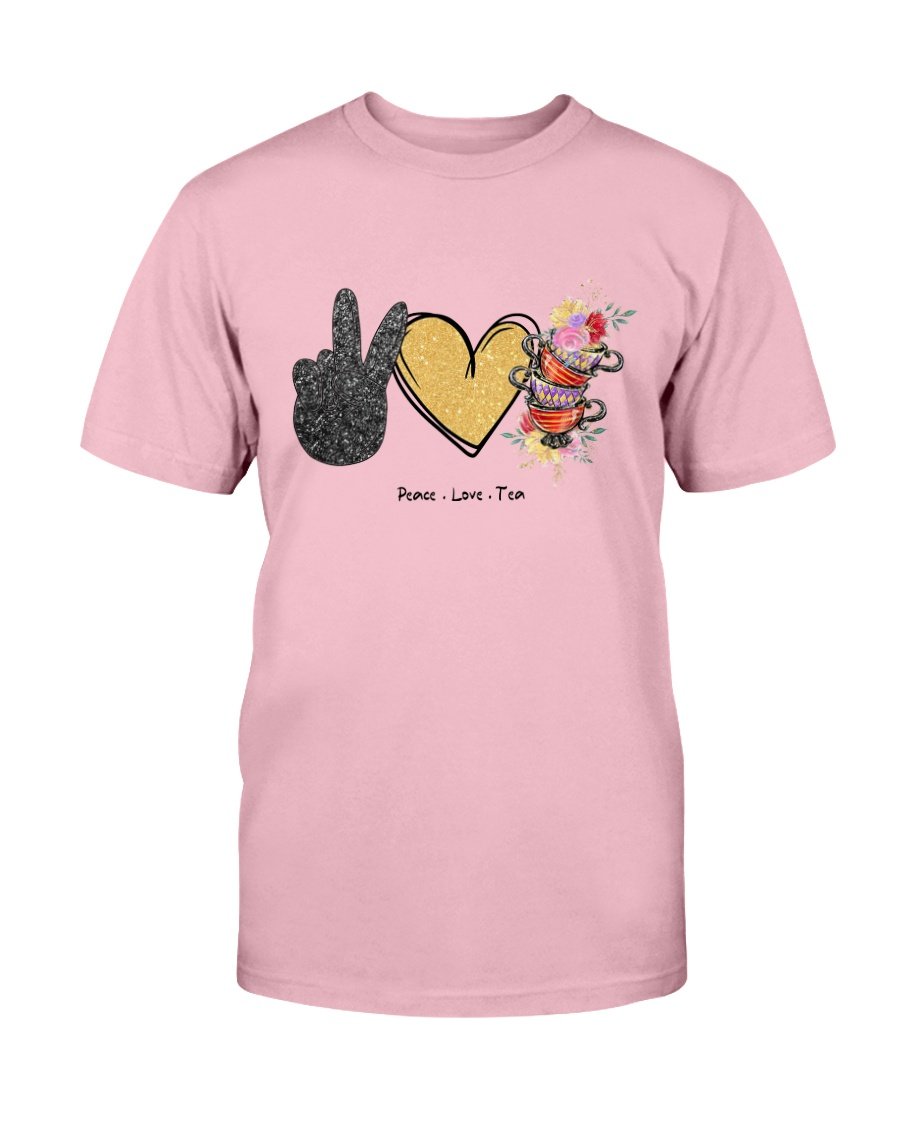 A comfortable unisex Peace Love Tea Shirt made from ring spun cotton, featuring a stylish design and available in various colors.