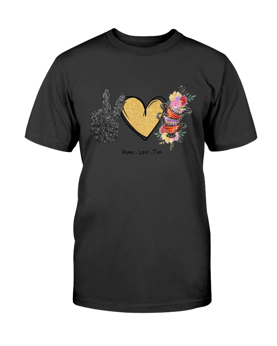 A comfortable unisex Peace Love Tea Shirt made from ring spun cotton, featuring a stylish design and available in various colors.