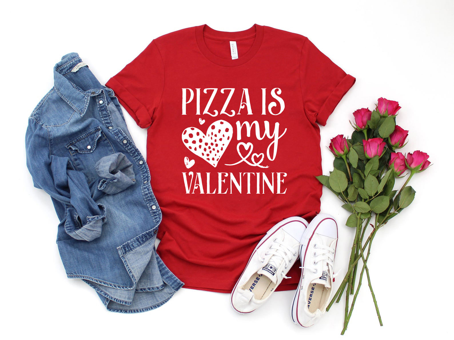 A unisex T-shirt featuring the phrase 'Pizza Is My Valentine' in vibrant colors, made from soft ring spun cotton.