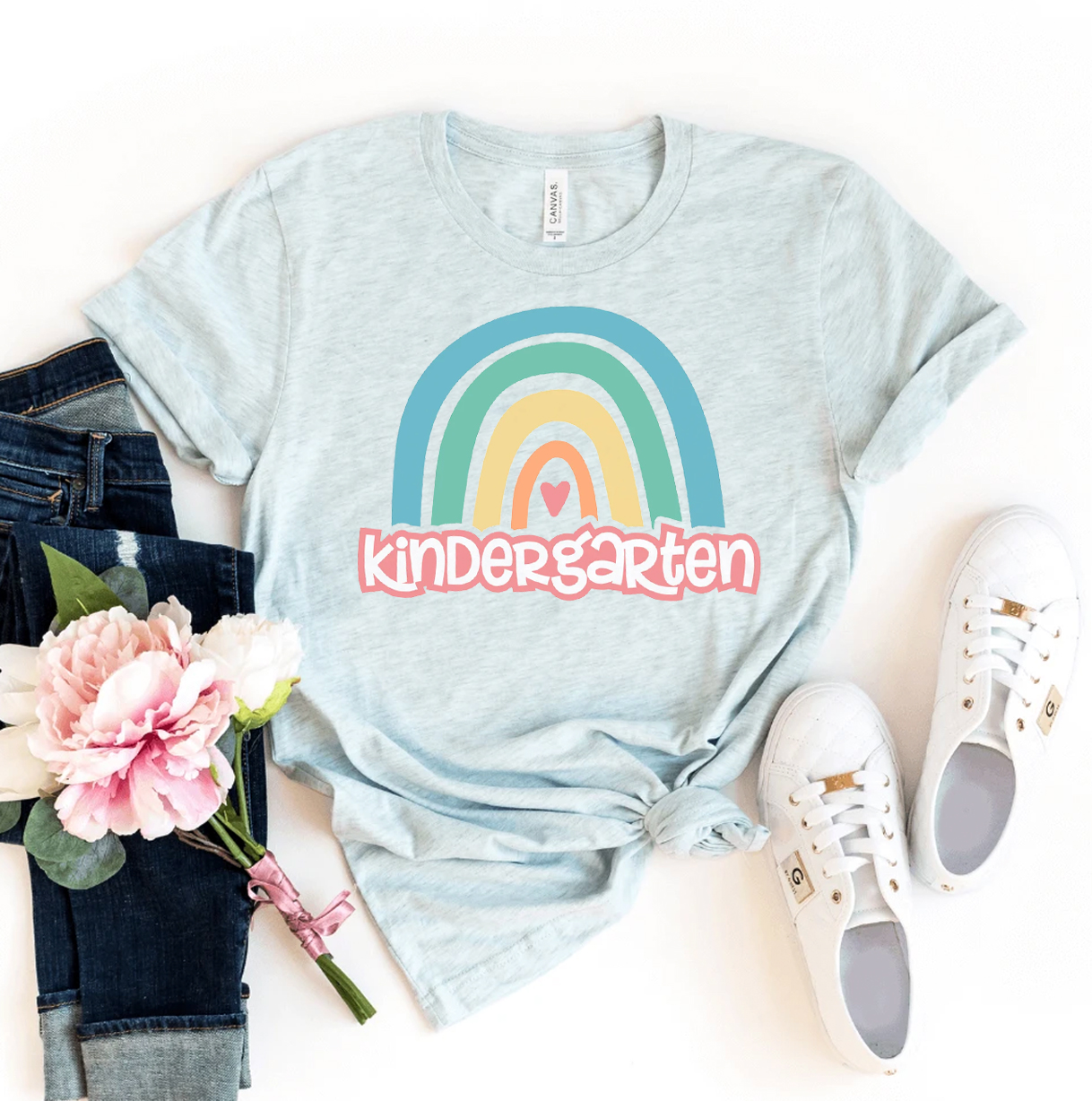 Colorful Rainbow Kindergarten T-shirt made from soft ring spun cotton, featuring a vibrant design and comfortable fit for kids.