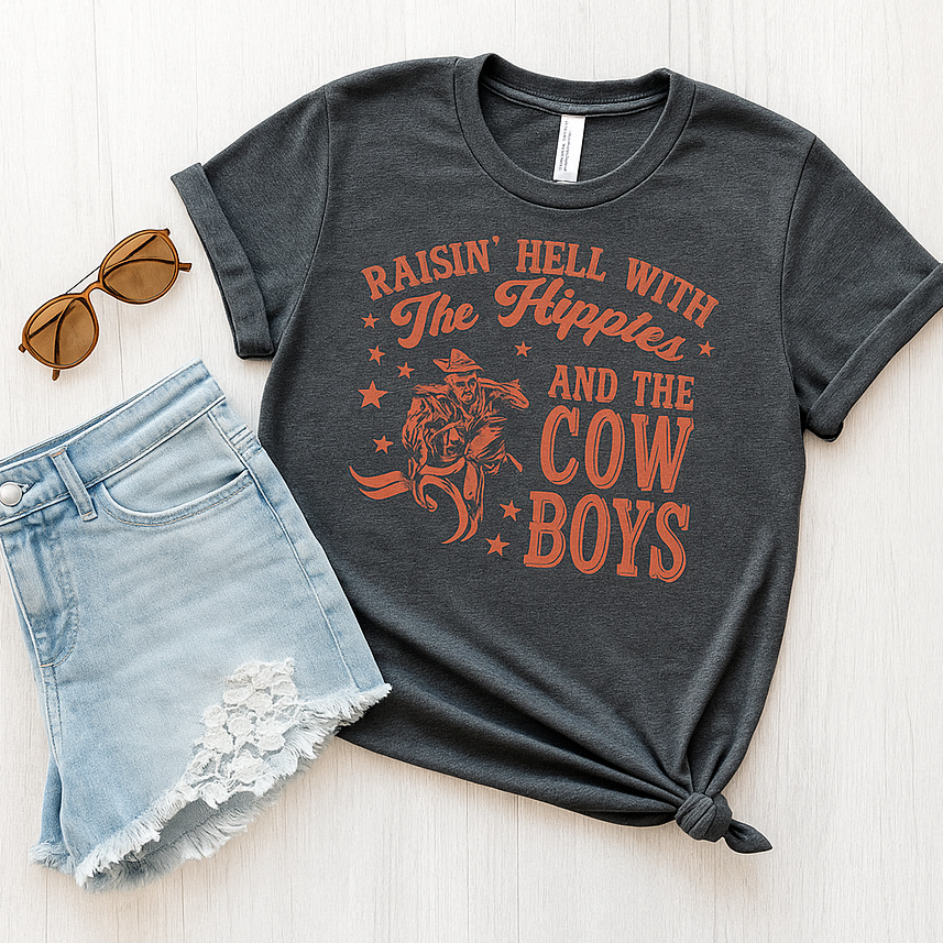 Main Raisin' Hell with the Hippies and the Cowboys Tee image
