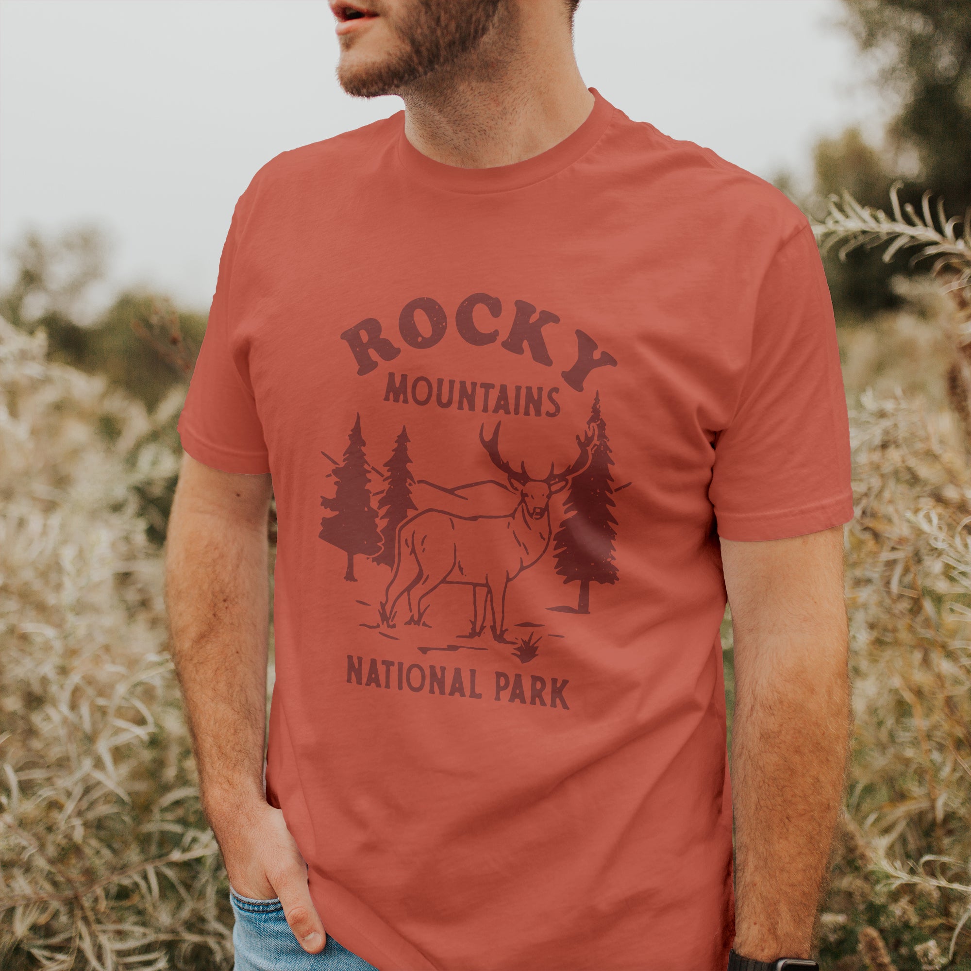 Rocky Mountains National Park Short Sleeve T-Shirt featuring a relaxed fit and distressed design, made from soft combed cotton.