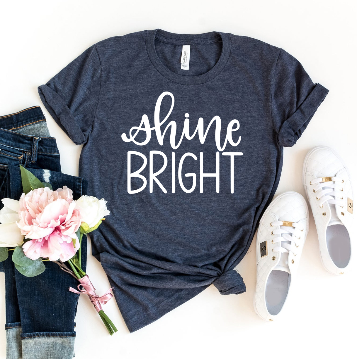 Shine Bright T-shirt made of premium ring spun cotton with vibrant flex print design, available in various sizes.