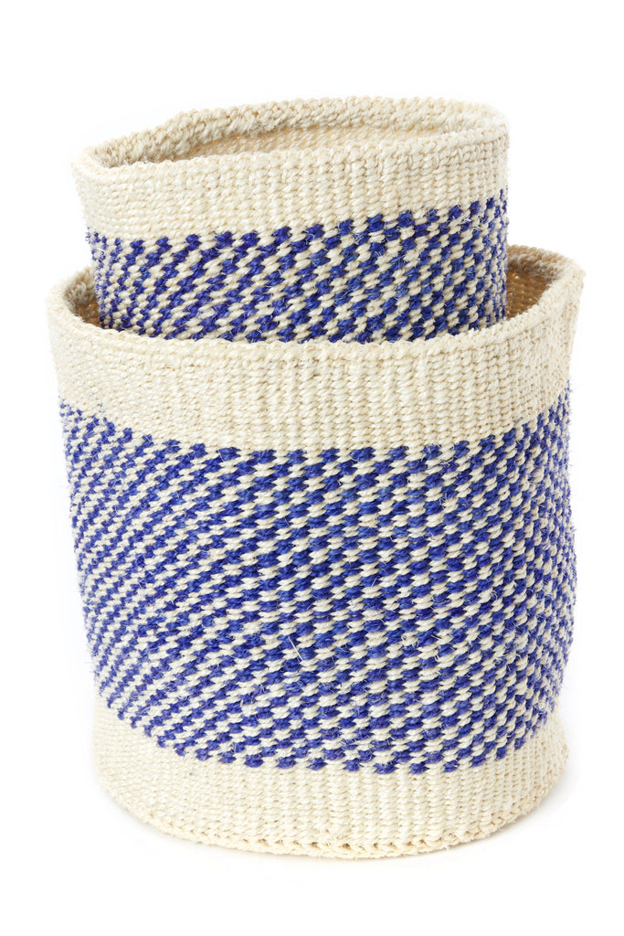 A set of two handwoven sisal fibre baskets, one small and one large, showcasing natural and hand-dyed colors, perfect for storage or planting.