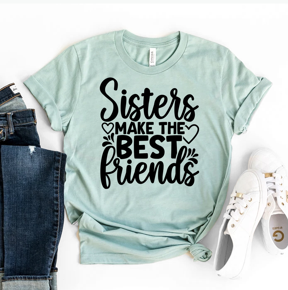 A stylish Sisters Make The Best Friends T-shirt made from premium ring spun cotton, featuring a soft textile flex print design.