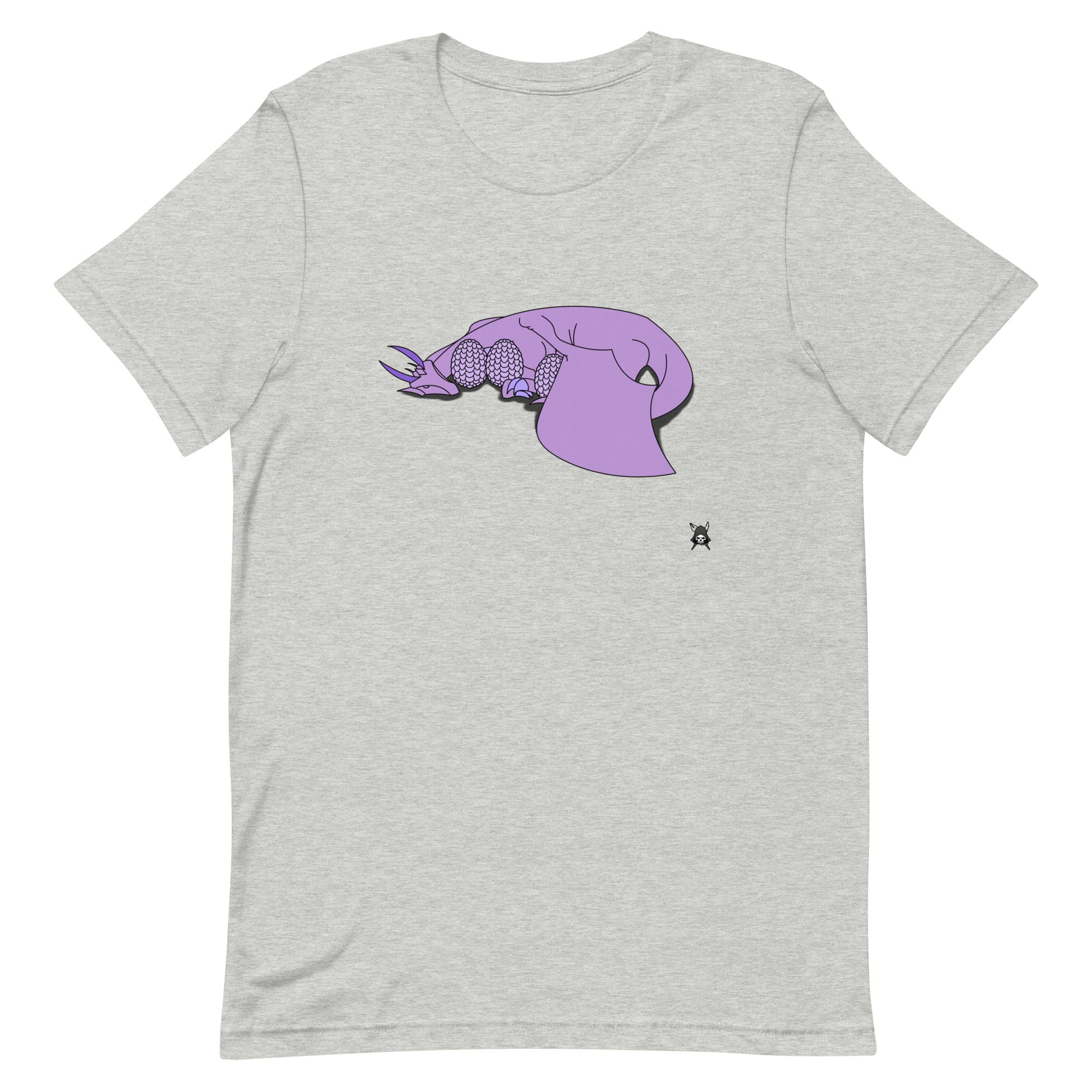A soft purple t-shirt featuring a sleeping dragon protecting her eggs, designed for comfort and style.