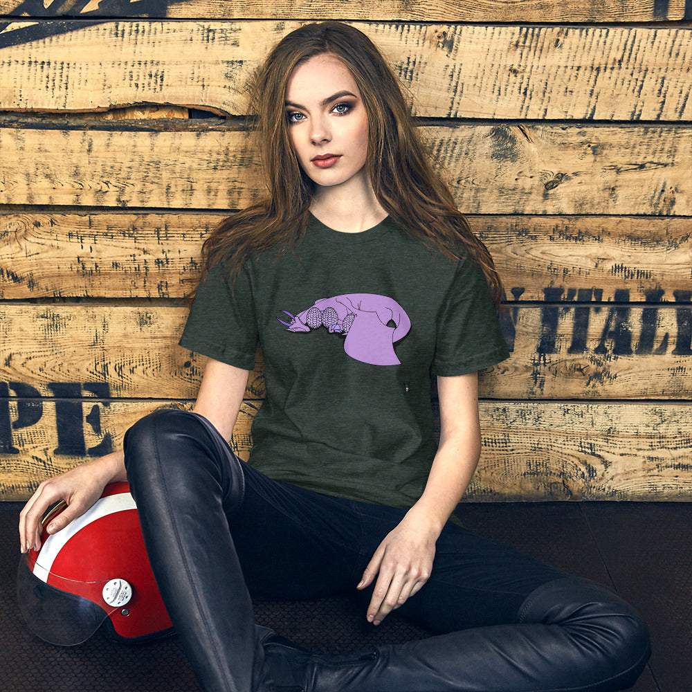 A soft purple t-shirt featuring a sleeping dragon protecting her eggs, designed for comfort and style.