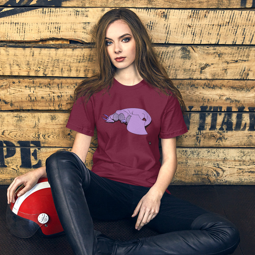 A soft purple t-shirt featuring a sleeping dragon protecting her eggs, designed for comfort and style.