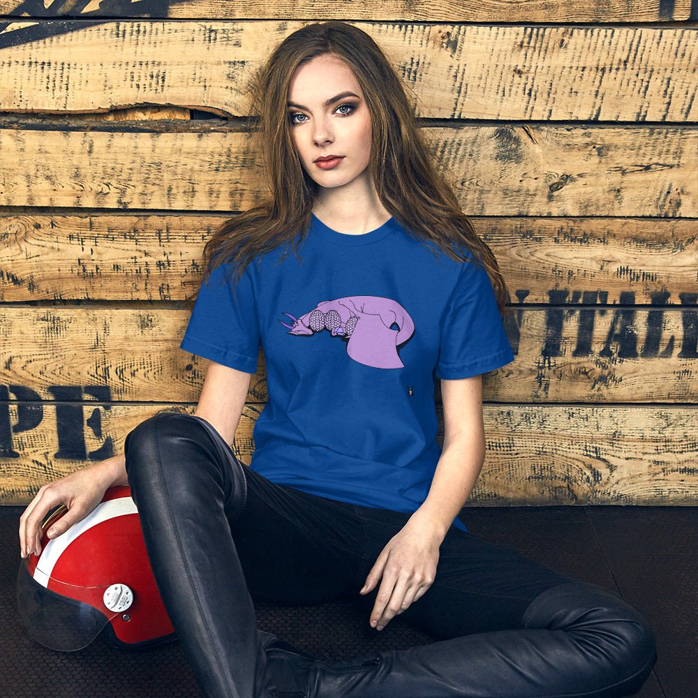 A soft purple t-shirt featuring a sleeping dragon protecting her eggs, designed for comfort and style.