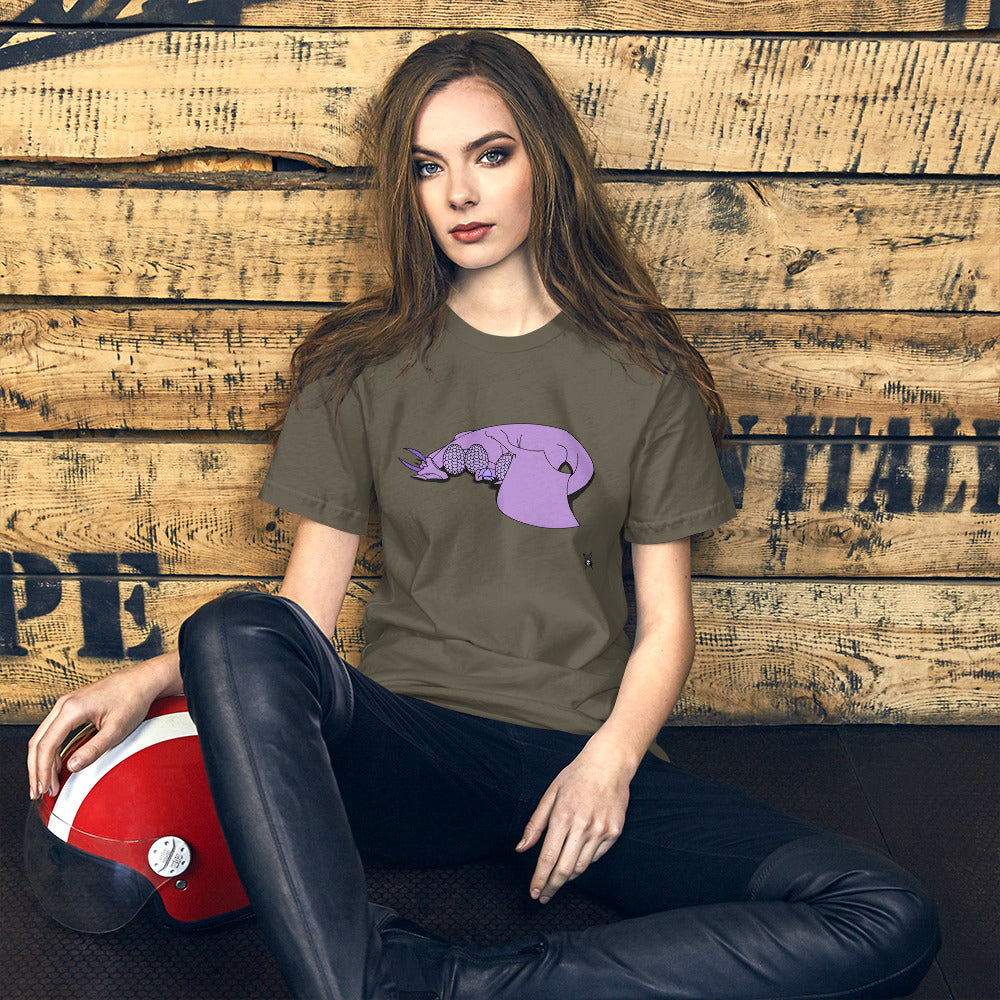 A soft purple t-shirt featuring a sleeping dragon protecting her eggs, designed for comfort and style.