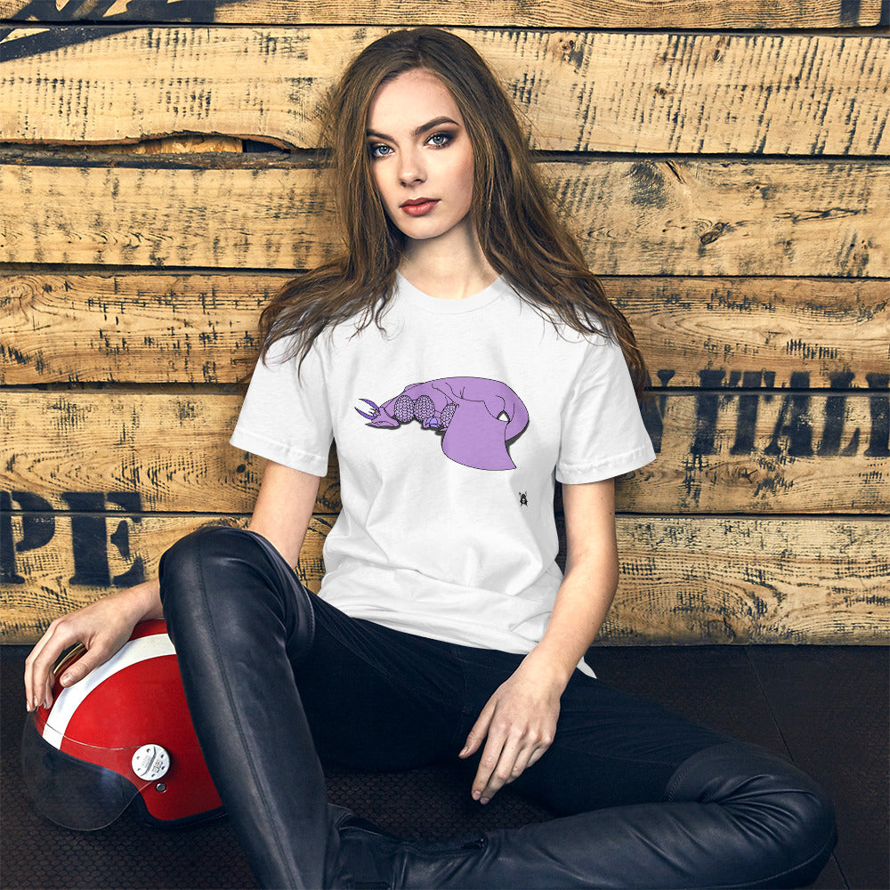 A soft purple t-shirt featuring a sleeping dragon protecting her eggs, designed for comfort and style.
