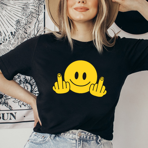 A stylish unisex short sleeve tee featuring the phrase 'Smile & Fuck Off' in bold lettering, made from soft cotton fabric.