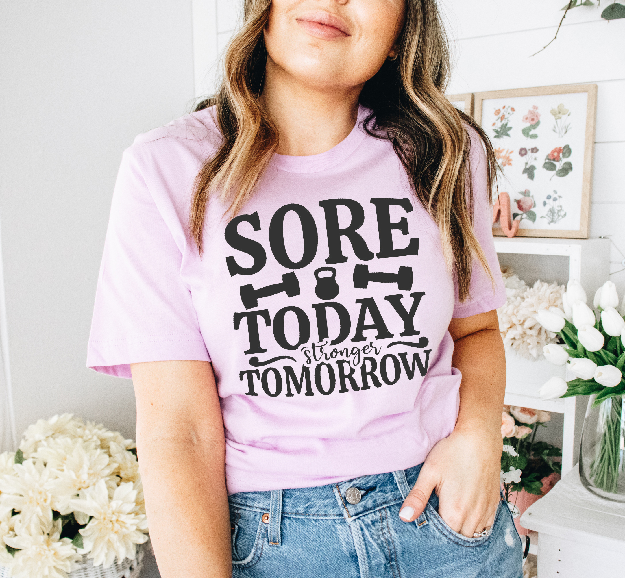 Sore Today Stronger Tomorrow T-shirt made of premium ring spun cotton with a motivational print.