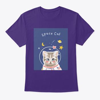 A cute kitten in a cartoon astronaut suit on a T-shirt, showcasing a whimsical space theme.