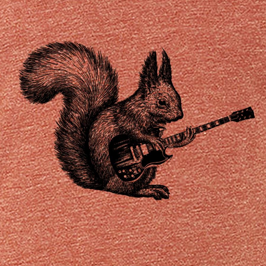 A playful squirrel playing a guitar, featured on a women's shirt, showcasing a fun and whimsical design.