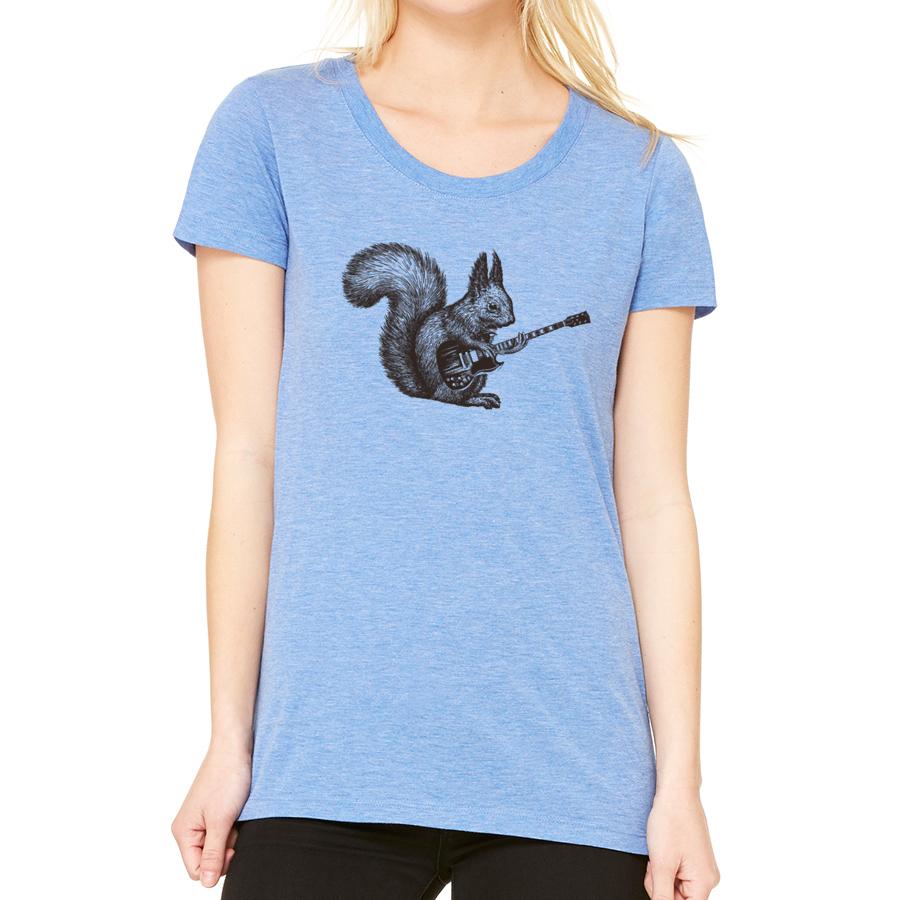 A playful squirrel playing a guitar, featured on a women's shirt, showcasing a fun and whimsical design.