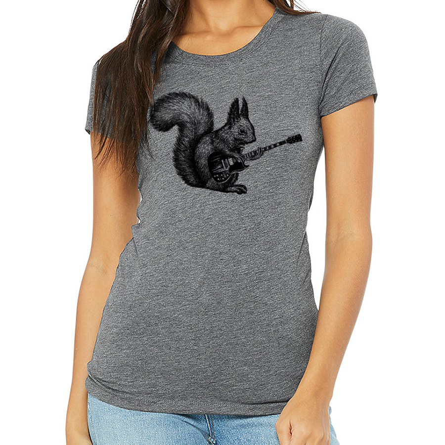 A playful squirrel playing a guitar, featured on a women's shirt, showcasing a fun and whimsical design.